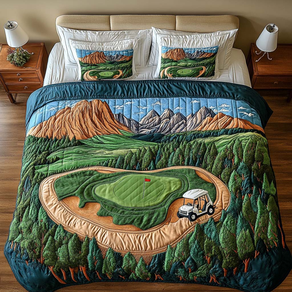 Valley Wind Golf Course Quilted Bedding Set Cozy Bedroom Decor Gifts For Golfers Who Have Everything