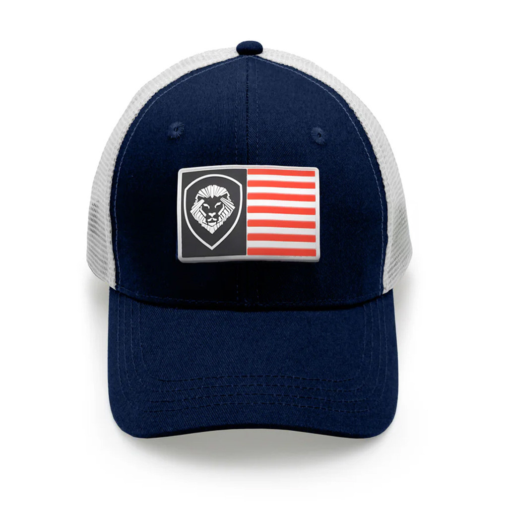 Valuetainment Merch USA Flag Lion Shield Trucker Hat Embroidered Gifts For Dad Valuetainment Merch USA Flag Lion Shield Trucker Hat Embroidered Gifts For Dad