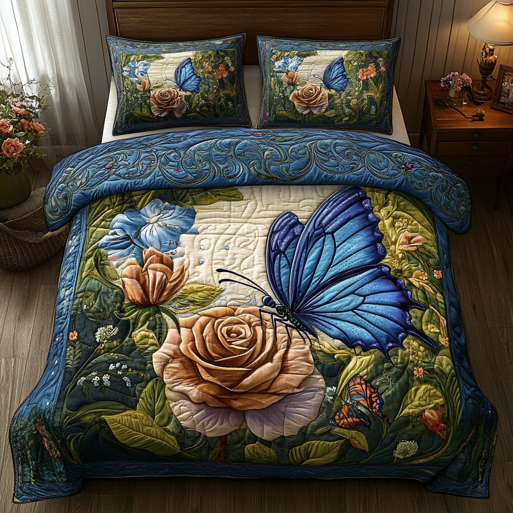 Velvet Flutter Quilted Bedding Set Bedroom Decor Awesome Butterfly Lover Gift Ideas