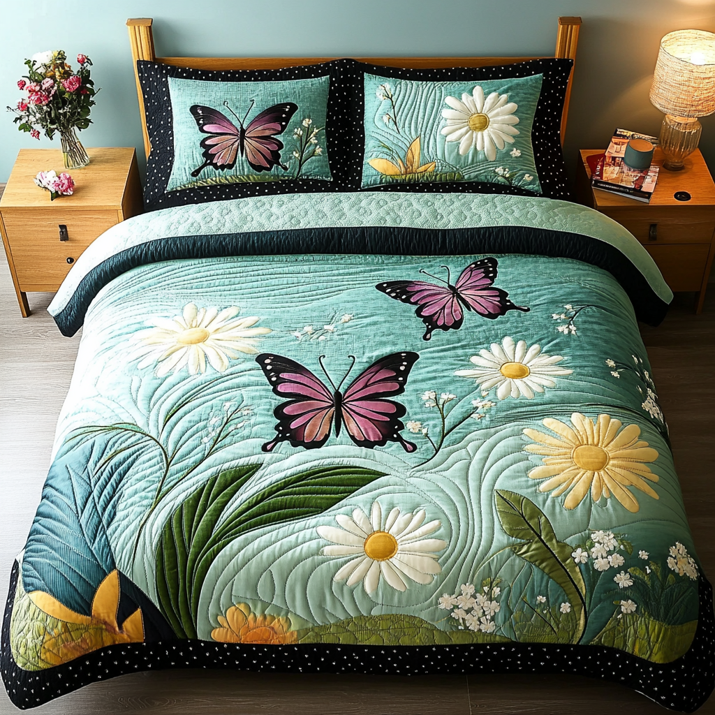 Velvet Flutter Quilted Bedding Set Bedroom Decorations Novelty Butterfly Presents