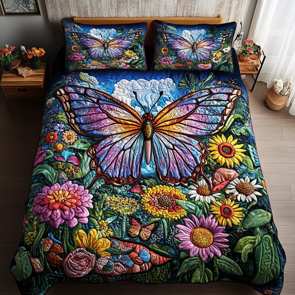 Velvet Flutter Quilted Bedding Set Cozy Bedroom Decor Awesome Gifts For Butterfly Lovers