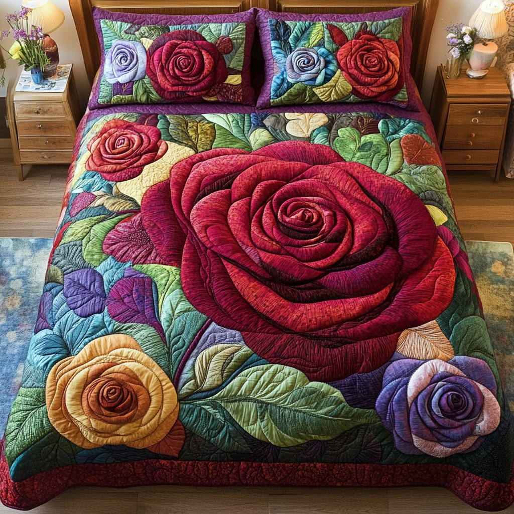 Velvet Rose Quilted Bedding Set Aesthetic Room Decor Christmas Floral Gifts