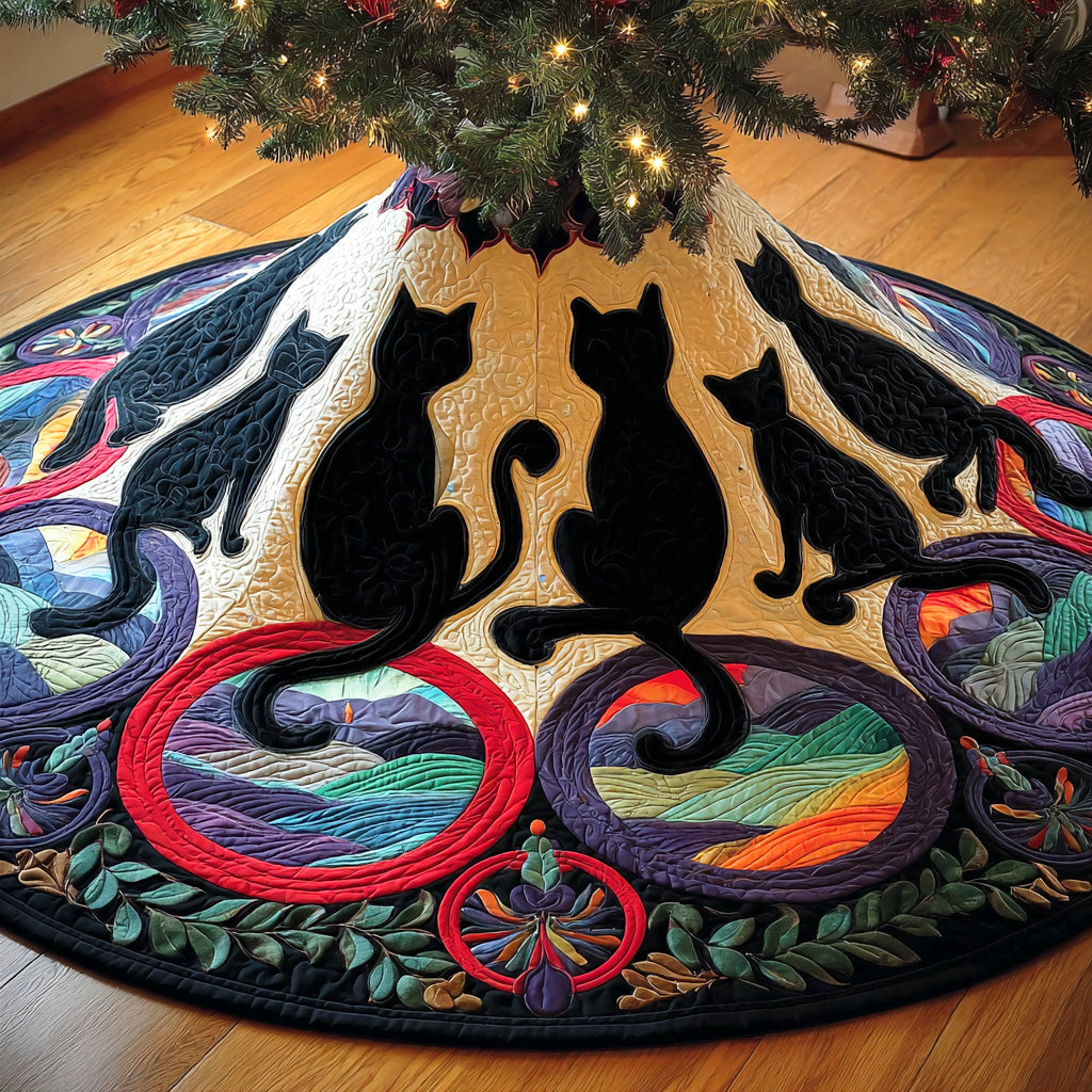 Velvet Shadow Christmas Quilted Tree Skirt Xmas Tree Stand Cover Gifts For Black Cat Owners