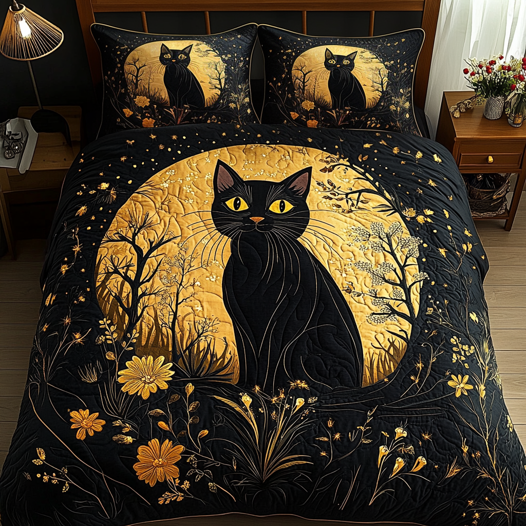 Velvet Stare Quilted Bedding Set Unique Bed Sheet Set Holiday Gifts For Cat Lovers