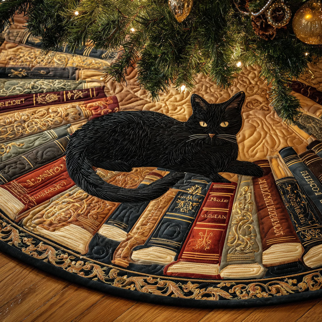 Velvet Whiskers Christmas Quilted Tree Skirt Xmas Tree Base Cover Black Cat Christmas Gifts