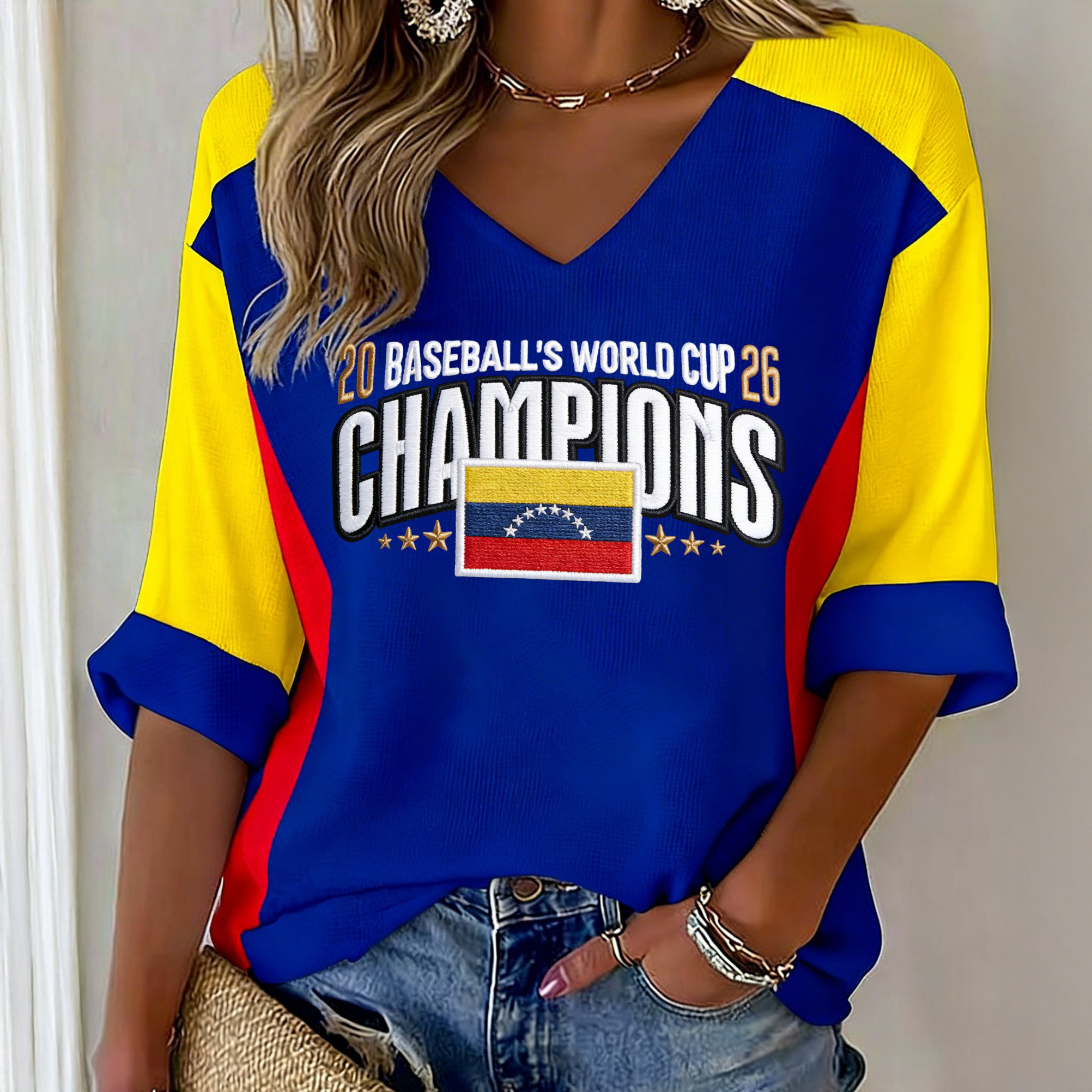 Venezuela 2026 Baseball World Cup Champions V-Neck Long Sleeve Shirt Venezuela 2026 WBC Merch