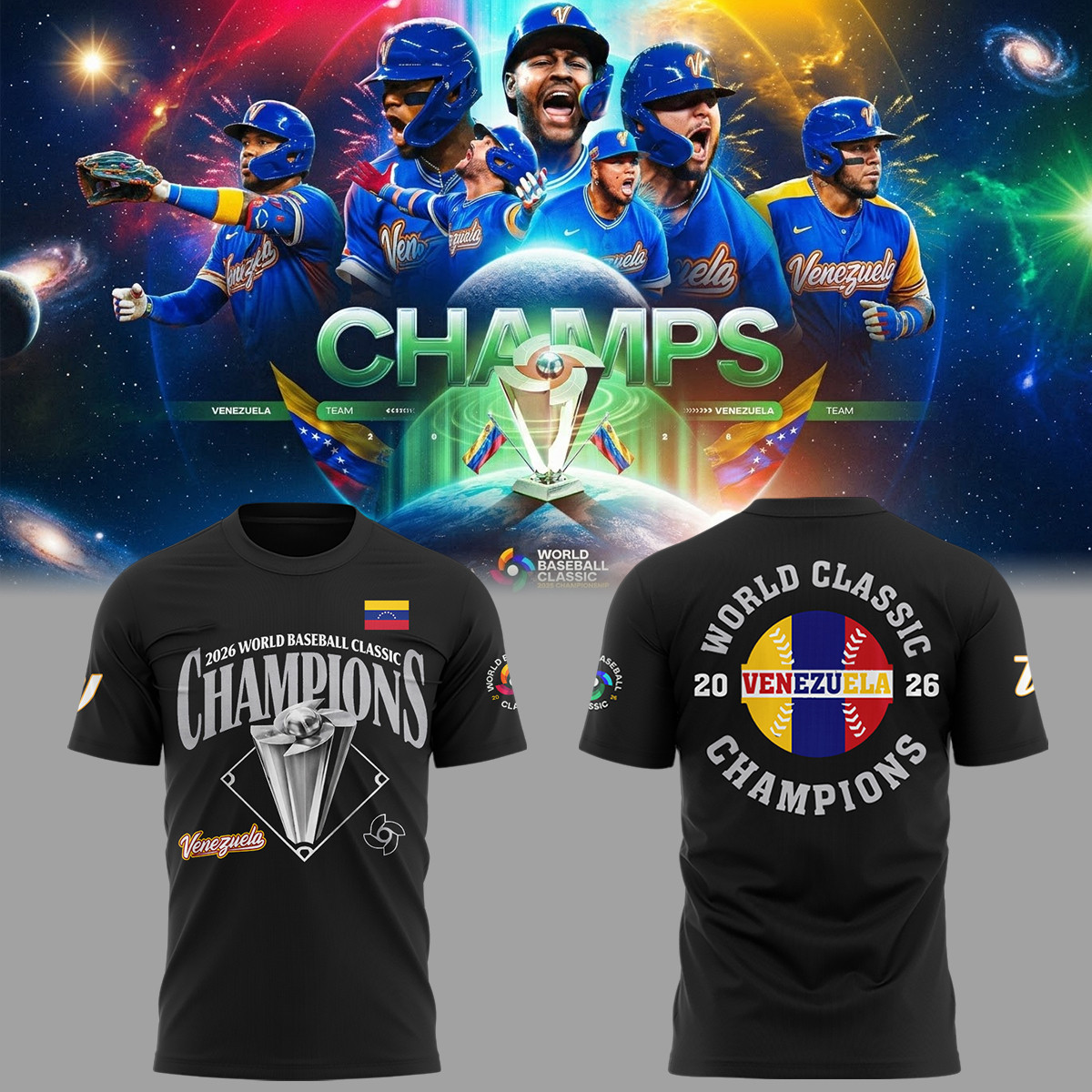 Venezuela 2026 WBC Champions T-Shirt World Baseball Classic Match Clothes Fan Gear