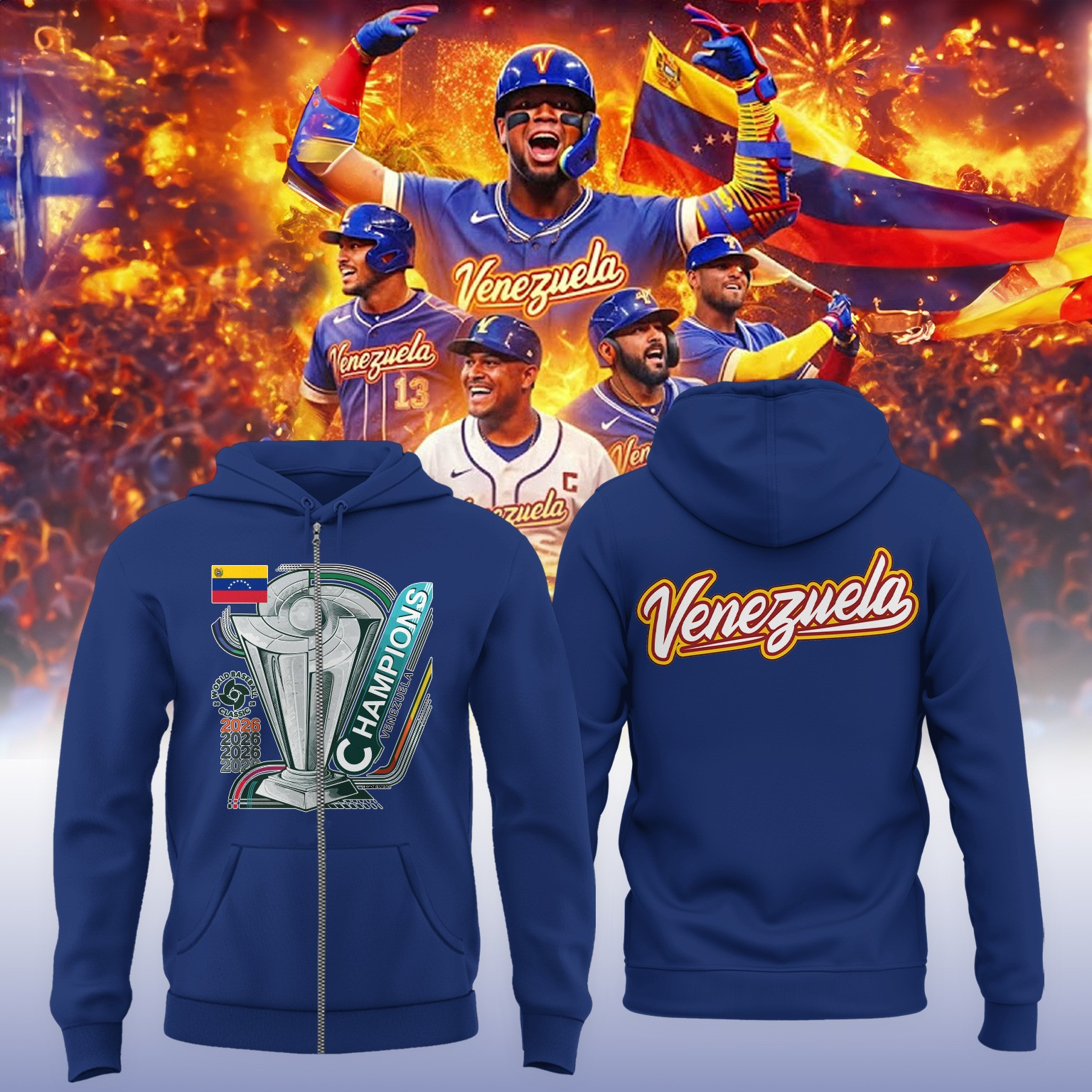 Venezuela 2026 World Baseball Classic Champions Zip Hoodie Baseball Hooded Sweatshirt Fan Gear