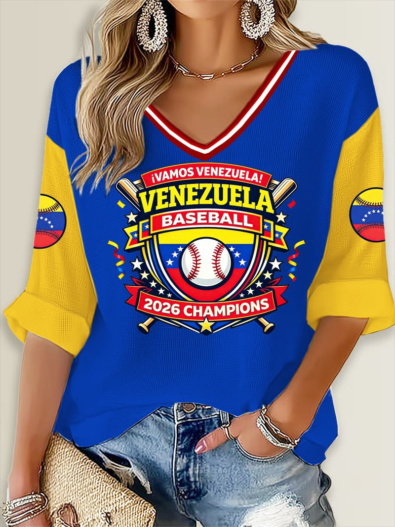 Venezuela Baseball 2026 Champions Long Sleeve V-Neck Shirt Vamos Venezuela WBC Fan Gear Gift For Baseball Fans
