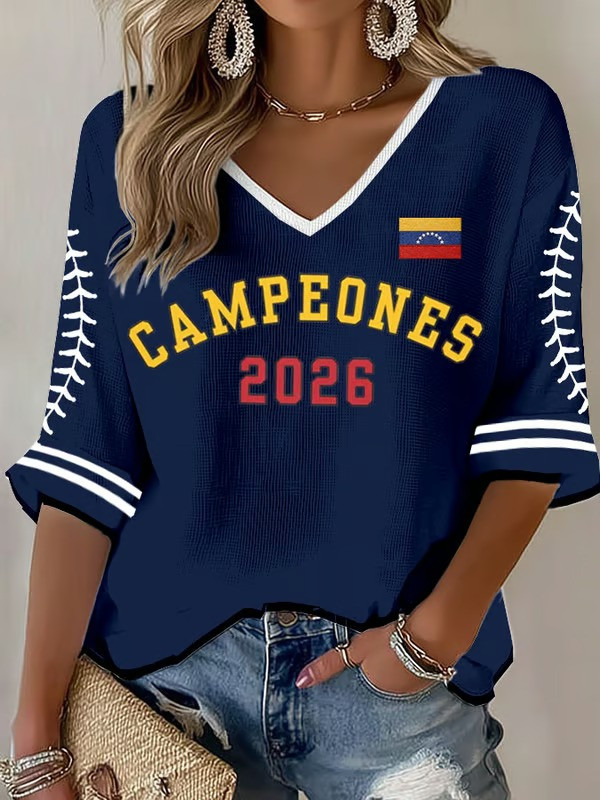 Venezuela Campeones 2026 Champion Long Sleeve V-Neck Shirt WBC Baseball Stitching Sleeves Gift Ideas