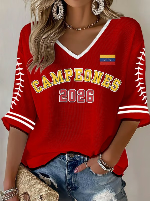 Venezuela WBC 2026 Campeones Long Sleeve V-Neck Shirt Baseball Stitching Sleeve Fan Gear Gifts