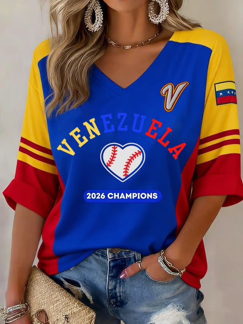 Venezuela WBC 2026 Champion Long Sleeve V-Neck Shirt Baseball Heart Patriotic Fan Gear Best Gifts
