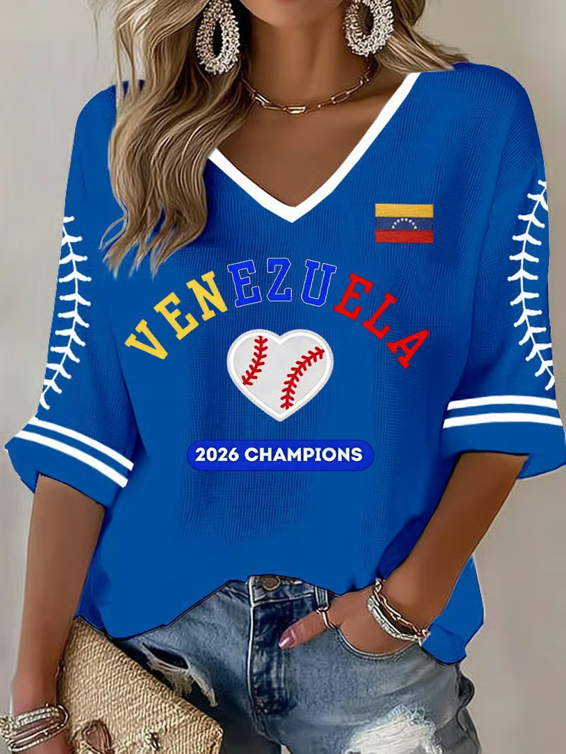 Venezuela WBC 2026 Champion Long Sleeve V-Neck Shirt Heart Baseball Fan Gear Patriotic Best Gift Ideas