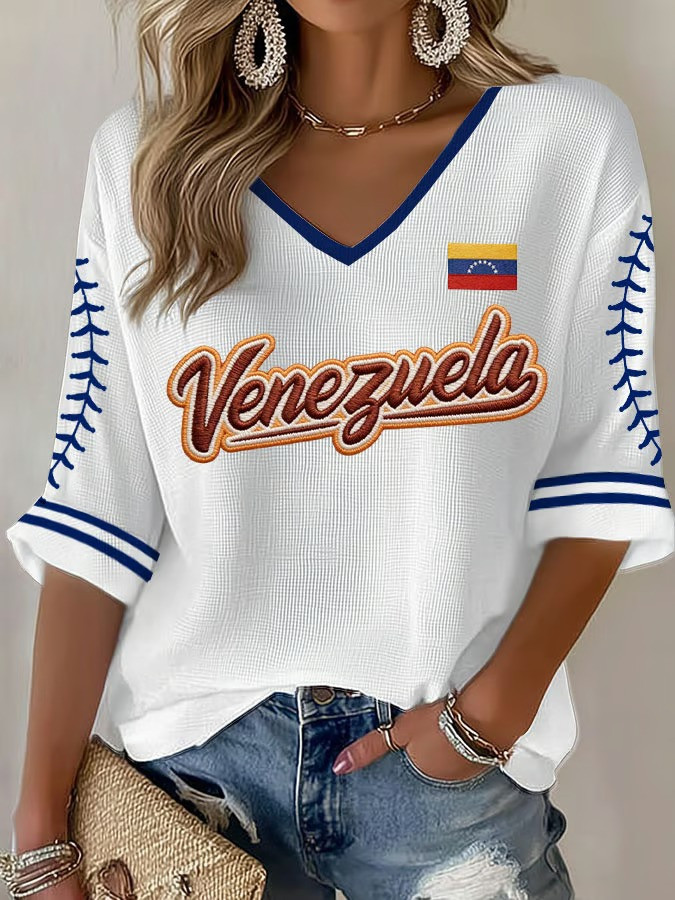 Venezuela WBC 2026 Long Sleeve V-Neck Shirt Blue Stitching Baseball Fan Gear Gift For Baseball Fans