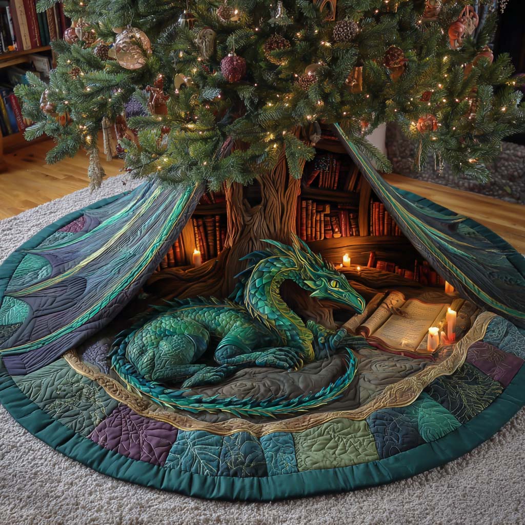 Verdant Lorekeeper Quilted Tree Skirt Holiday Decorations Gifts For People Who Like Books
