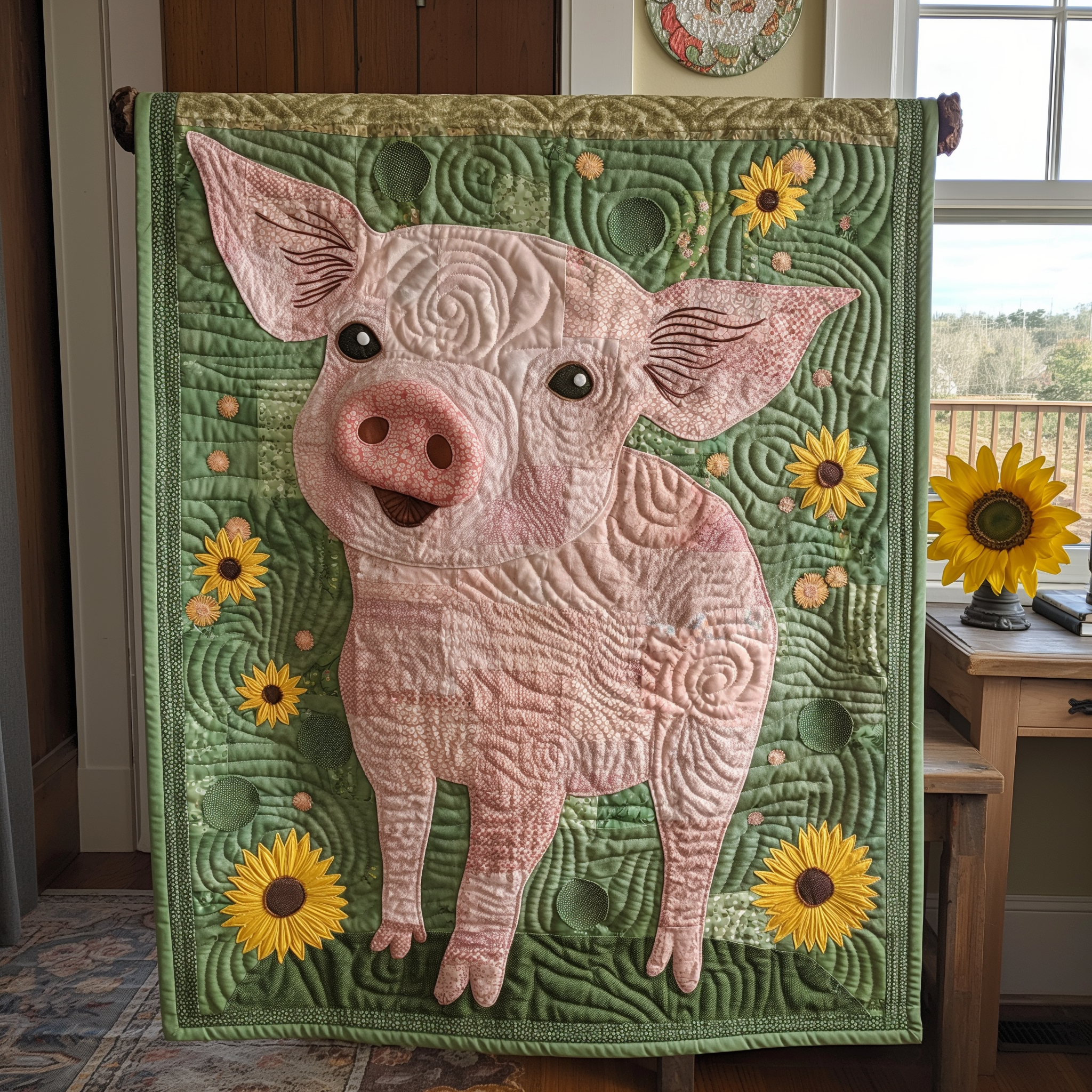 Verdant Sunflower Pig Quilted Blanket Cute Christmas Blankets