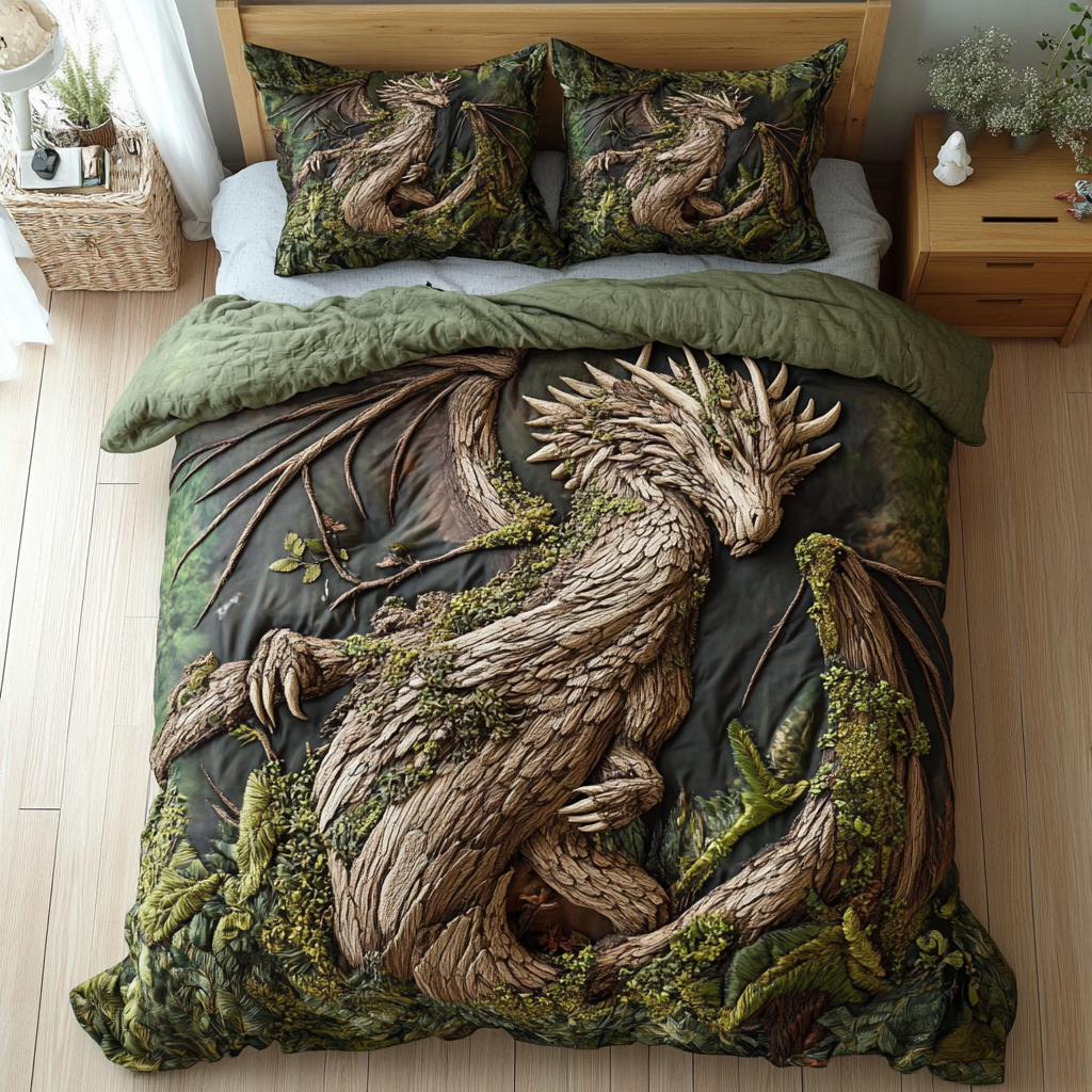 Verdant Wyrm Quilted Bedding Set Cute Room Decor Dragon Presents