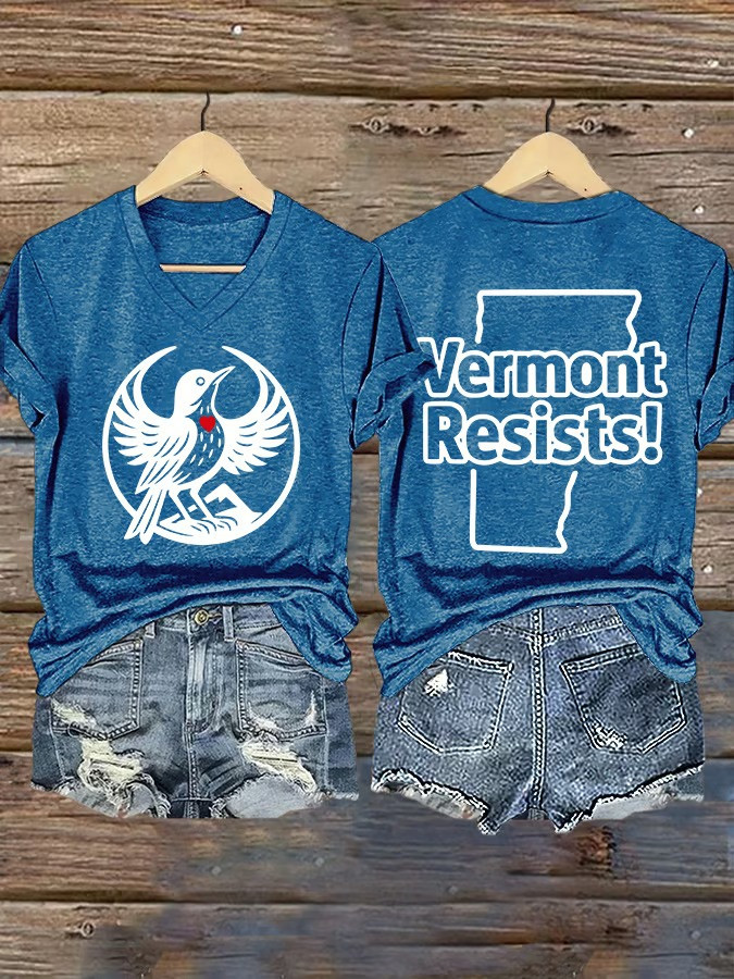 Vermont Resists Hermit Thrush V-Neck T-Shirt Anti ICE Political Protest Apparel Gift For Supporters
