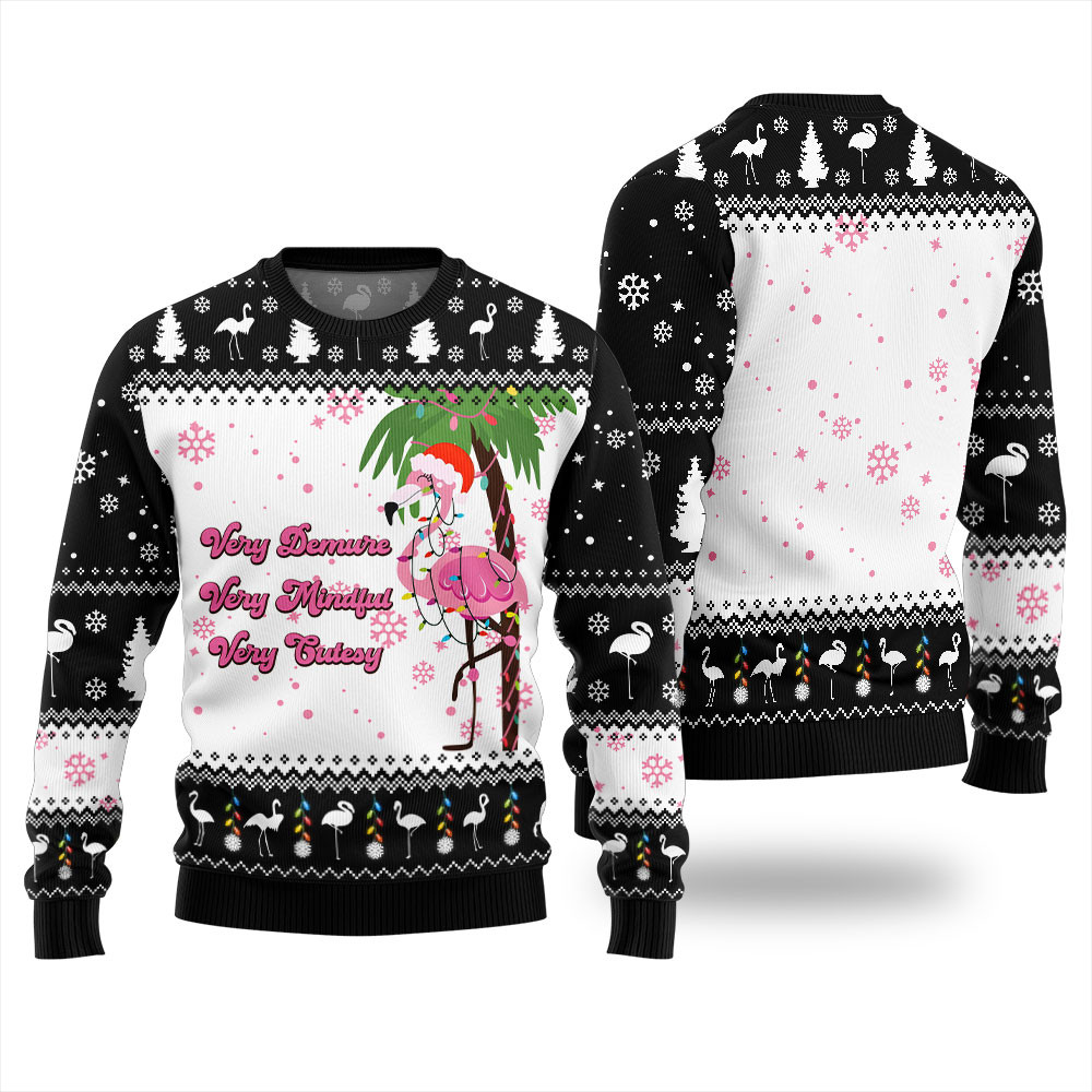Very Demure Mindful Cutesy Flamingo Funny Ugly Sweater Black Classic Holiday Sweater for Festive Looks