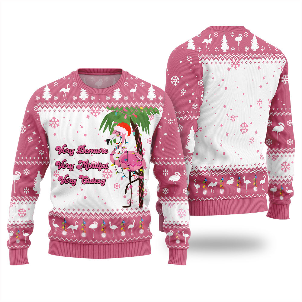 Very Demure Mindful Cutesy Flamingo Funny Xmas Sweater Pink Custom Christmas Sweatshirt for Family Matching