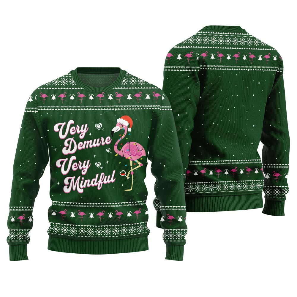 Very Demure Very Mindful Flamingo Ugly Sweater Green Trendy Winter Sweatshirt for Cozy Moments
