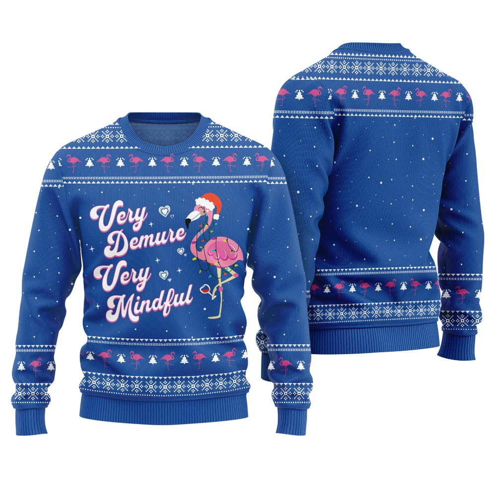 Very Demure Very Mindful Flamingo Ugly Xmas Sweater Royal Best Gift Idea for Christmas Enthusiasts