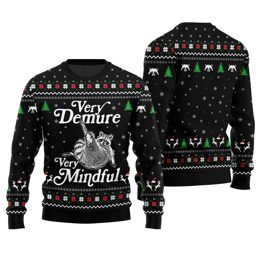 Very Demure Very Mindful Racoon Funny Sweater Black Exclusive Christmas Sweater Merch Gift Edition
