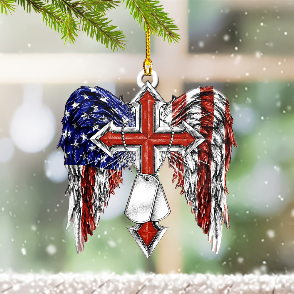 Veteran Christian Cross American Flag Wings Ornament Happy Veterans Day Gift 2024
