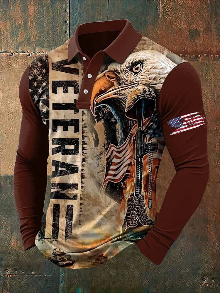 Veteran Eagle Long Sleeve Polo Shirt Mens Patriotic Apparel 250th Anniversary Gift For Him