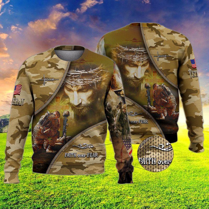 Veteran Faith Over Fear Ugly Christmas Sweater American Flag Soldier Cross Christian Gift