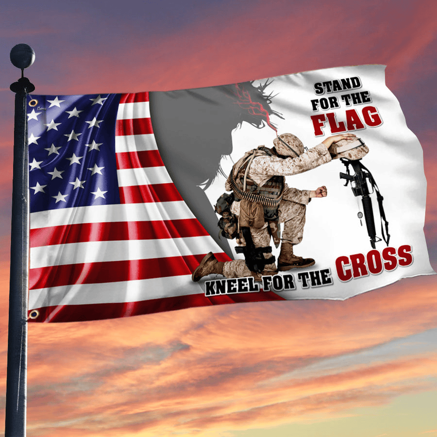 Veteran Kneeling Under God Flag America Patriotic Veterans Day Grommet Flag