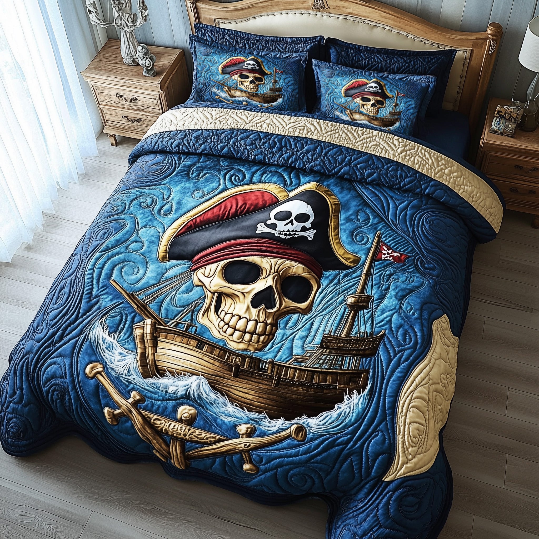 Veteran Pirate Skull Quilted Bedding Set Duvet Cover Bedspread Halloween Gifts For Teens