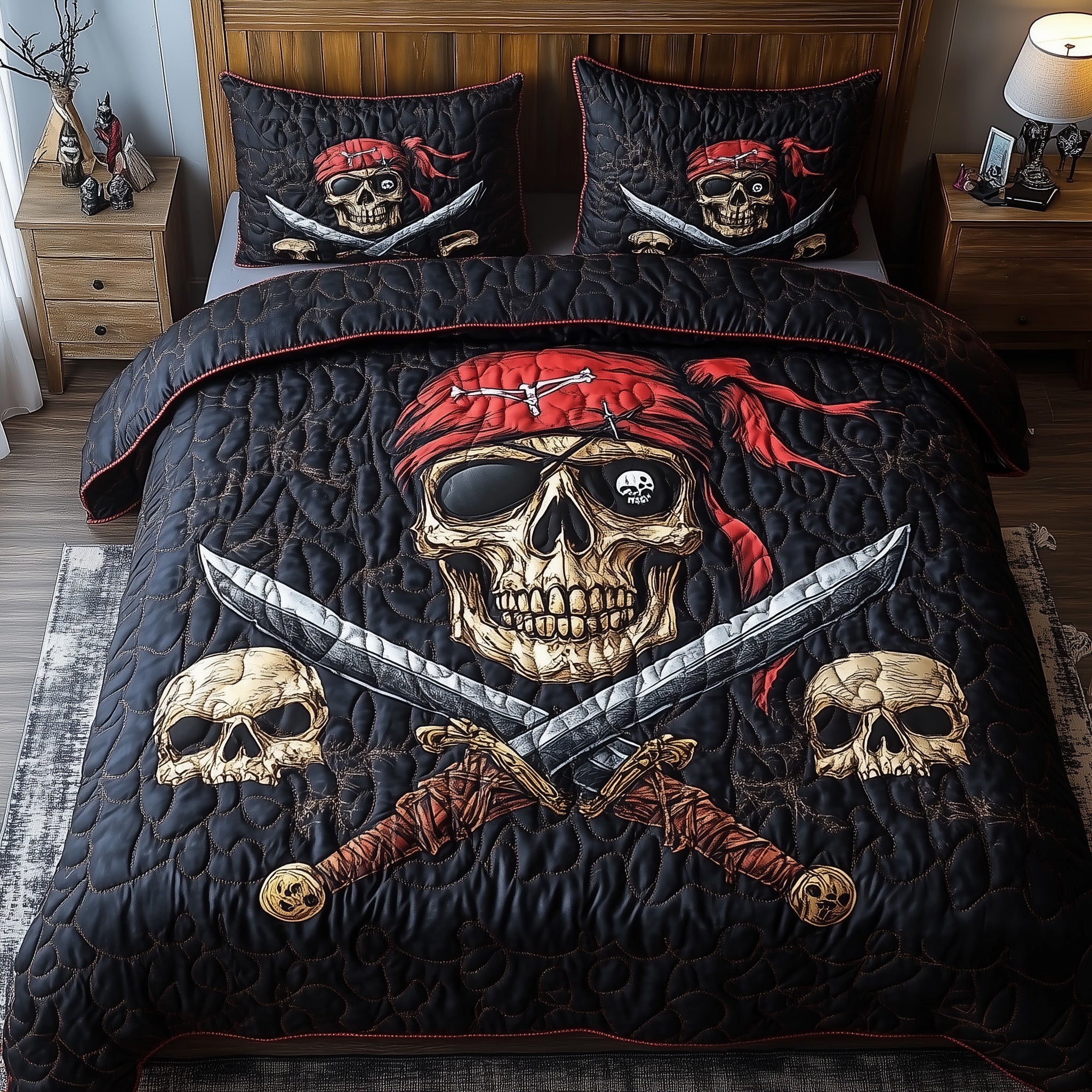 Veteran Pirate Skull Quilted Bedding Set Duvet Cover Bedspread Pirate Gifts For Adults