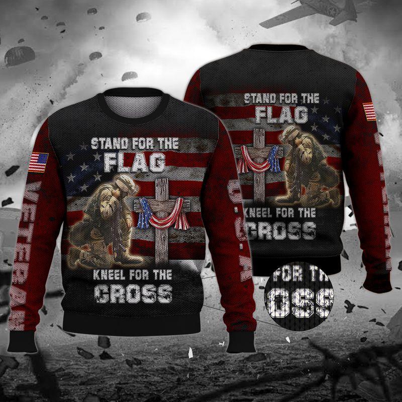 Veteran Stand For The Flag Ugly Christmas Sweater Soldier And Cross Religious Memorial Gifts