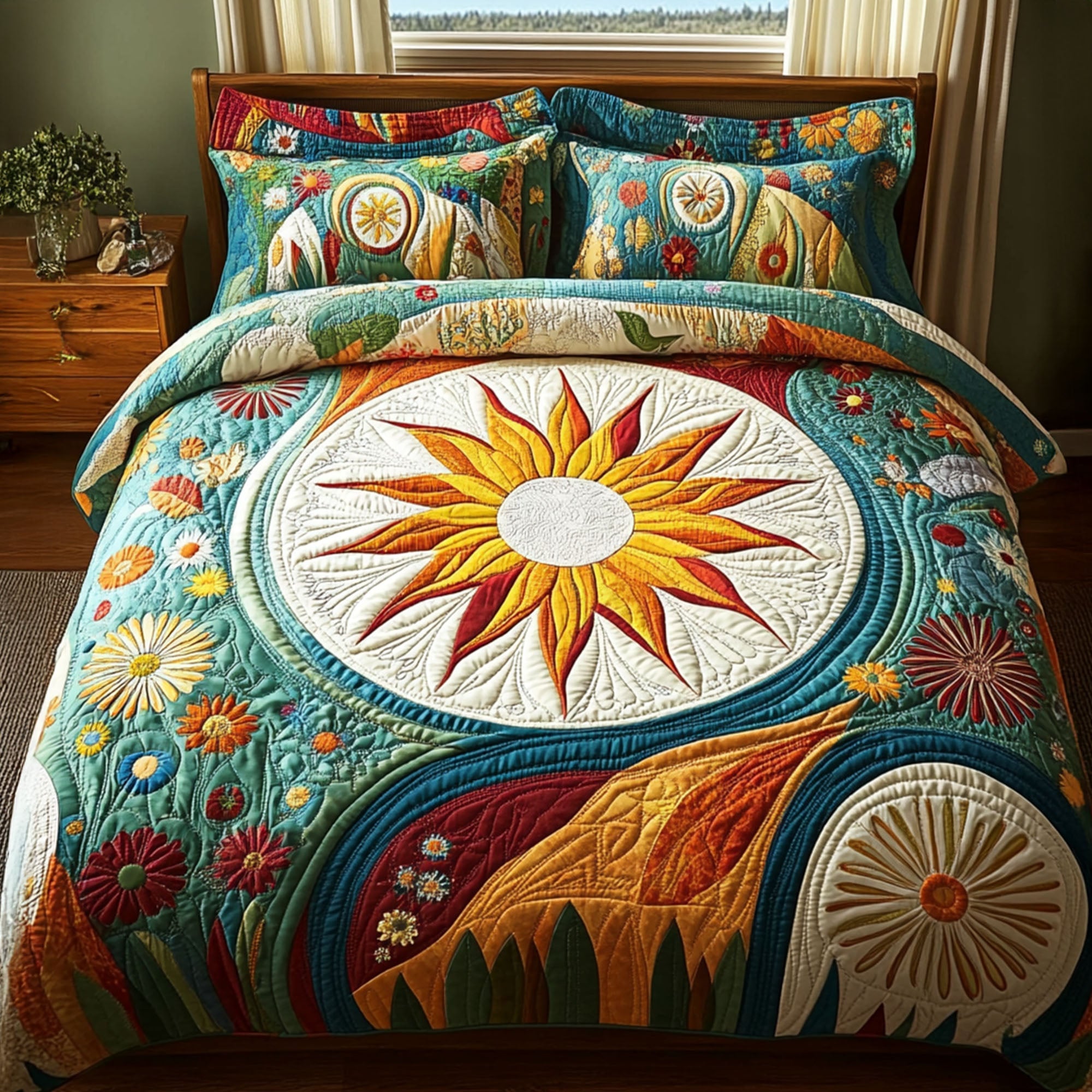 Vibrant Aura Quilted Bedding Set Best Bedspread Set Hippie Birthday Gifts