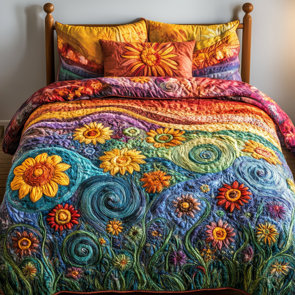 Vibrant Blooms Quilted Bedding Set Bedroom Decor Sunflower Presents Merchandise