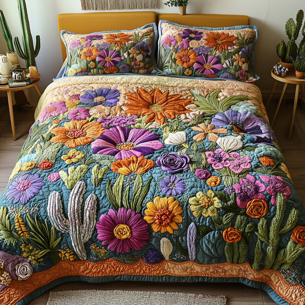 Vibrant Blooms Quilted Bedding Set Floral Bedding King Size Quilt