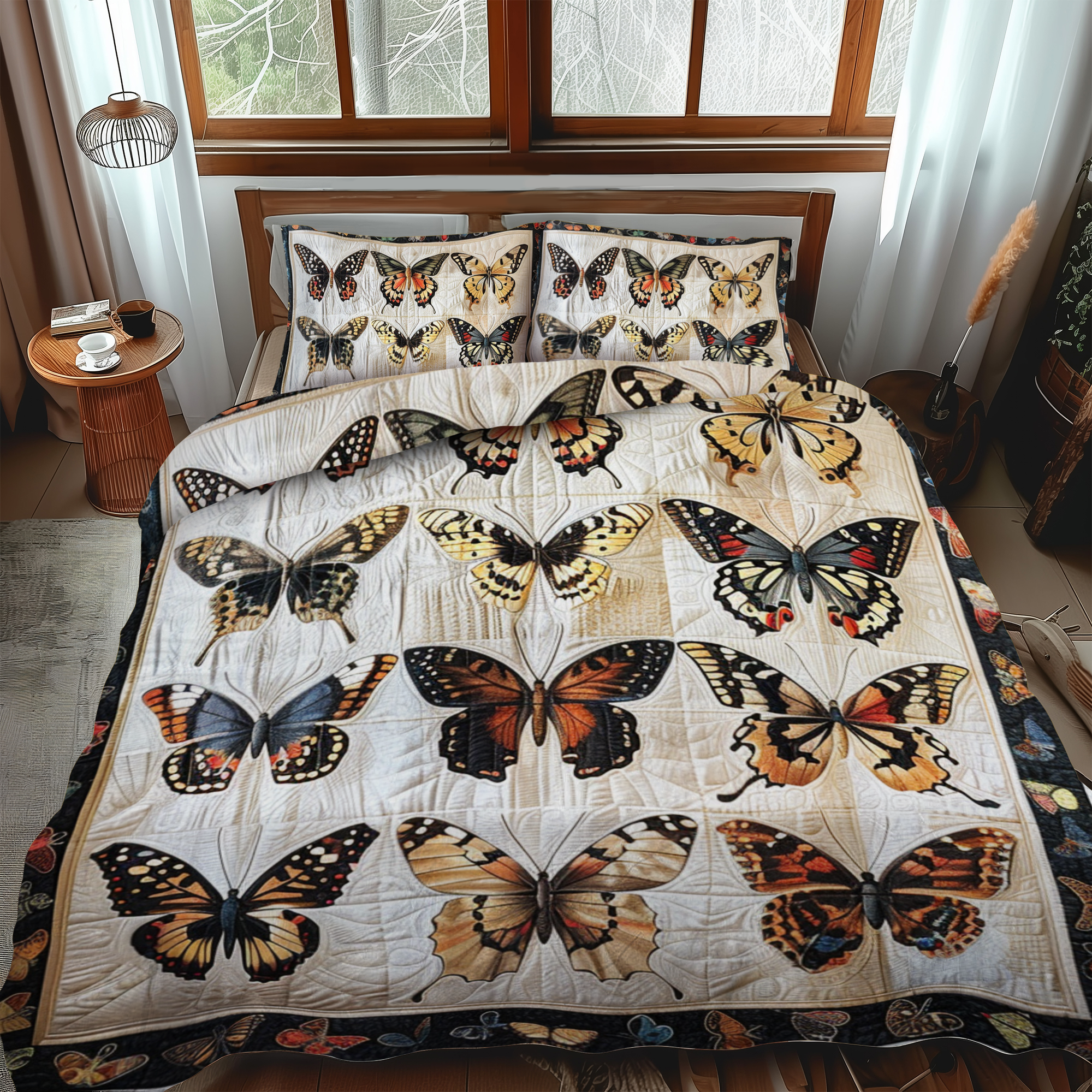 Vibrant Butterflies Quilted Bedding Set King Size Quilt Sets Gift For Parents Christmas