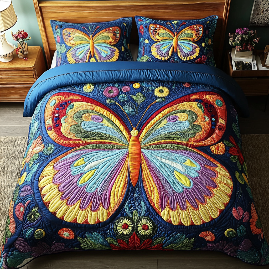 Vibrant Butterfly Dreams Quilted Bedding Set King Size Duvet Cover Father's Day Presents From Daughter