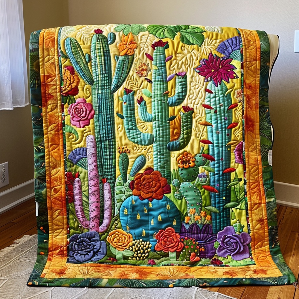 Vibrant Cactus Floral Desert Quilted Blanket Southwestern Art Throw Best Gift For Cactus Succulent Lover
