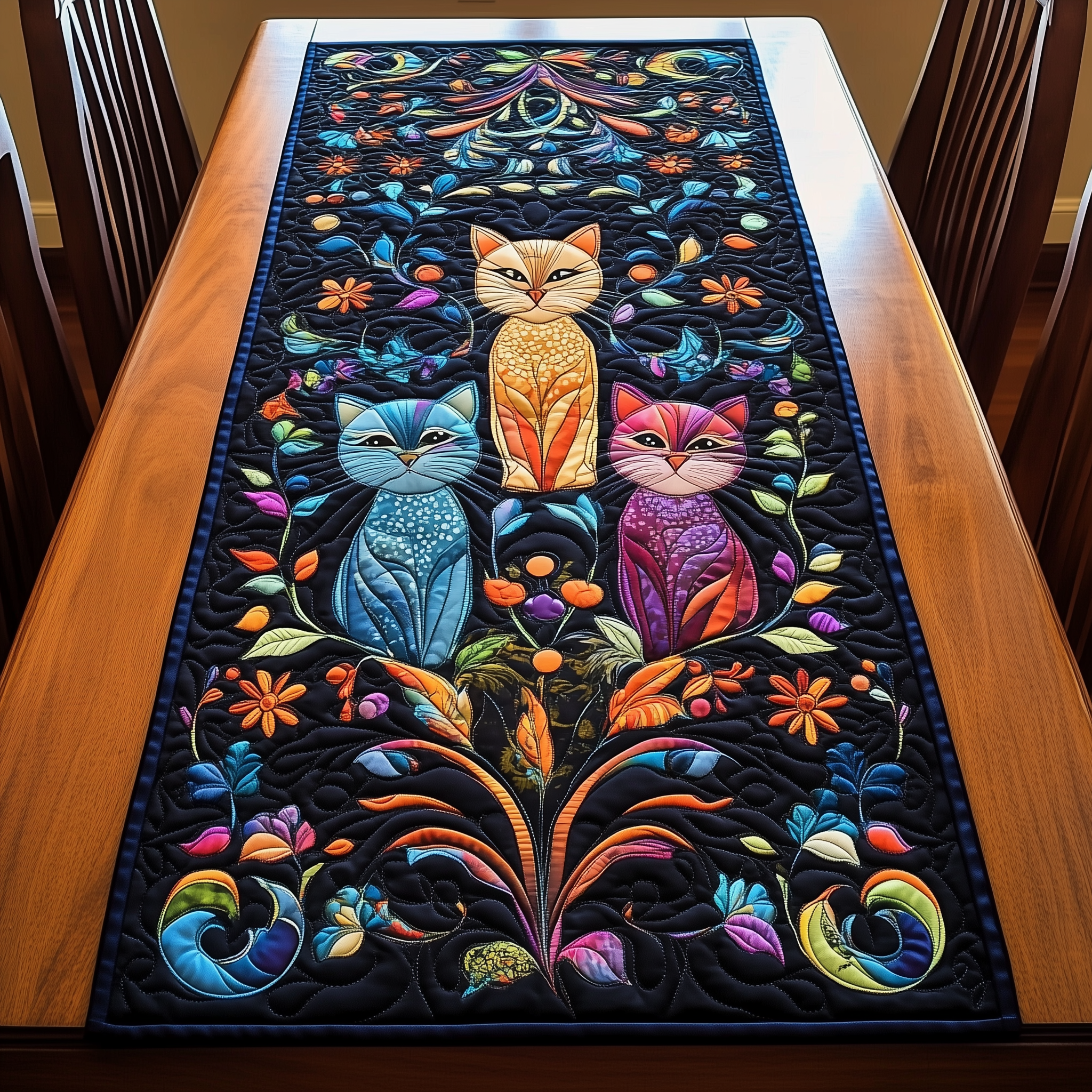 Vibrant Cat Quilted Table Runner Decorations Cat Xmas Gifts For Owners