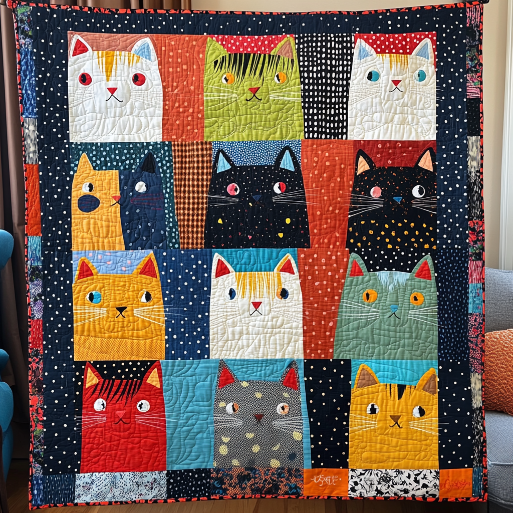 Vibrant Cat-Themed Quilted Blanket Cute Blankets For Her