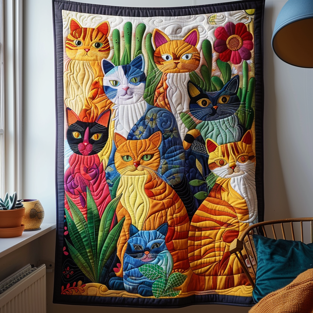 Vibrant Cat-Themed Quilted Blanket Unique Cat Gifts