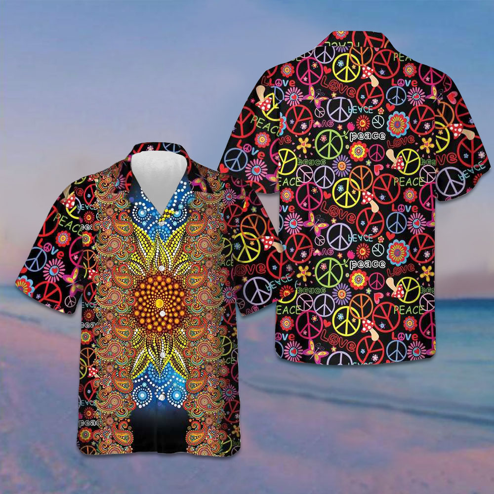 Vibrant Color Hippie Hawaiian Shirt Peace Sign Pattern Shirt Gifts For Boyfriend Vibrant Color Hippie Hawaiian Shirt Peace Sign Pattern Shirt Gifts For Boyfriend