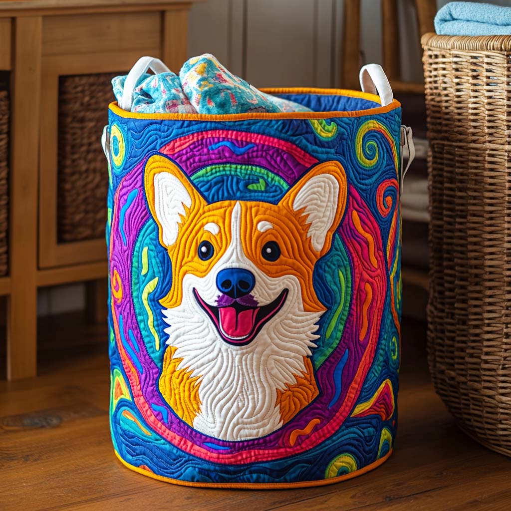 Vibrant Corgi Quilted Laundry Basket Back To School Merch