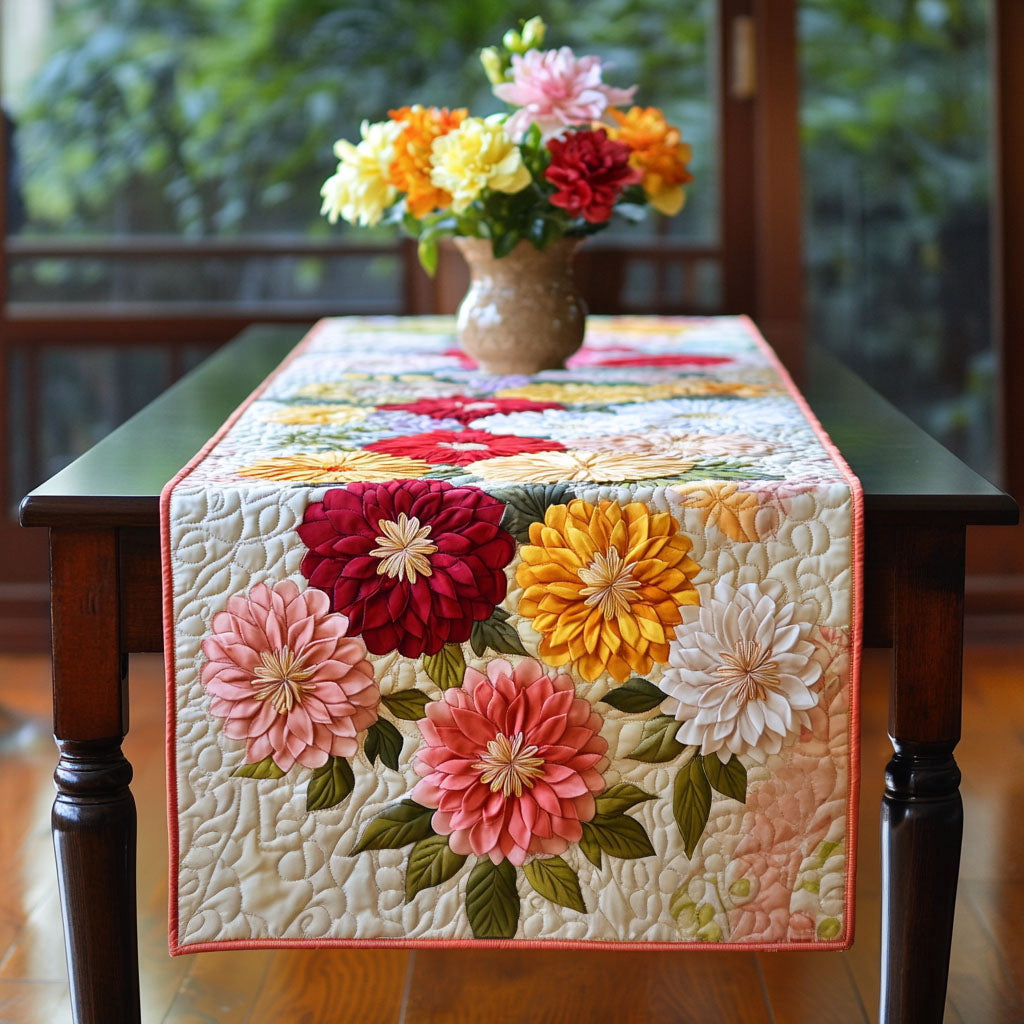 Vibrant Dahlia Garden Quilted Table Runner Flower Table Cover Family Gift Ideas