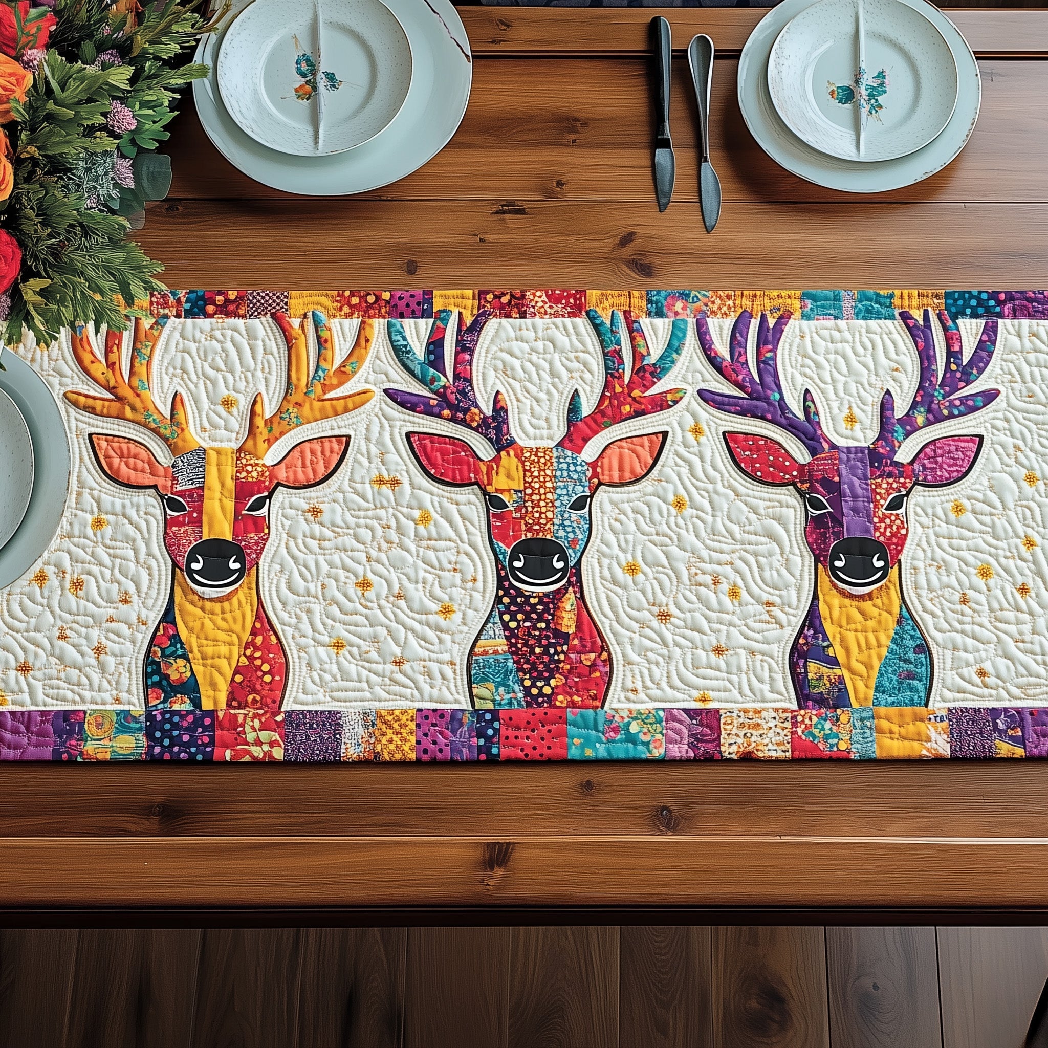 Vibrant Deer Patchwork Quilted Table Runner Christmas Dining Table Runner
