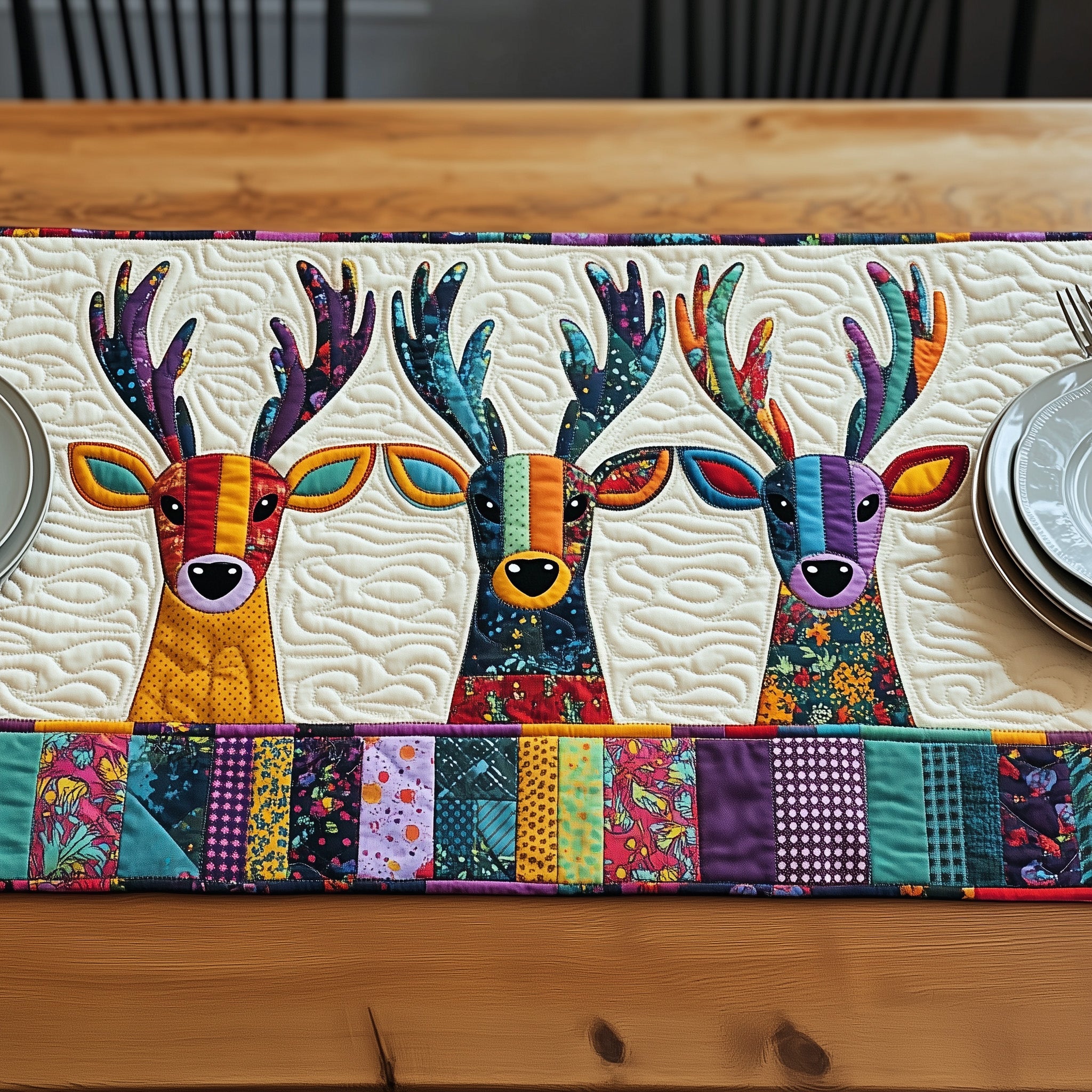 Vibrant Deer Patchwork Quilted Table Runner Christmas Table Runner Decoration