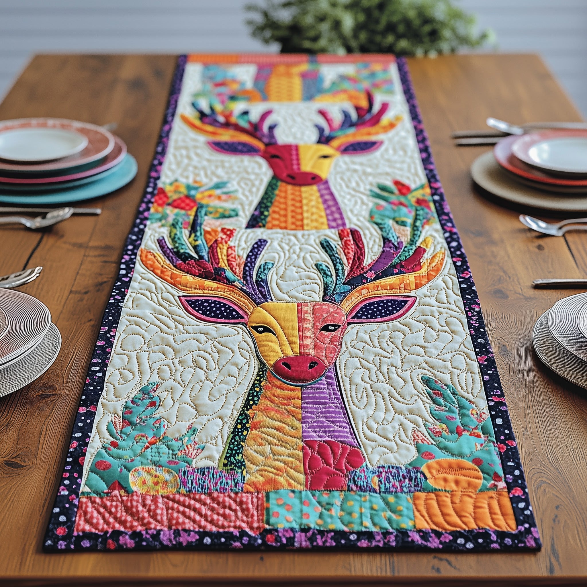 Vibrant Deer Patchwork Quilted Table Runner Christmas Table Runner for Family Meals
