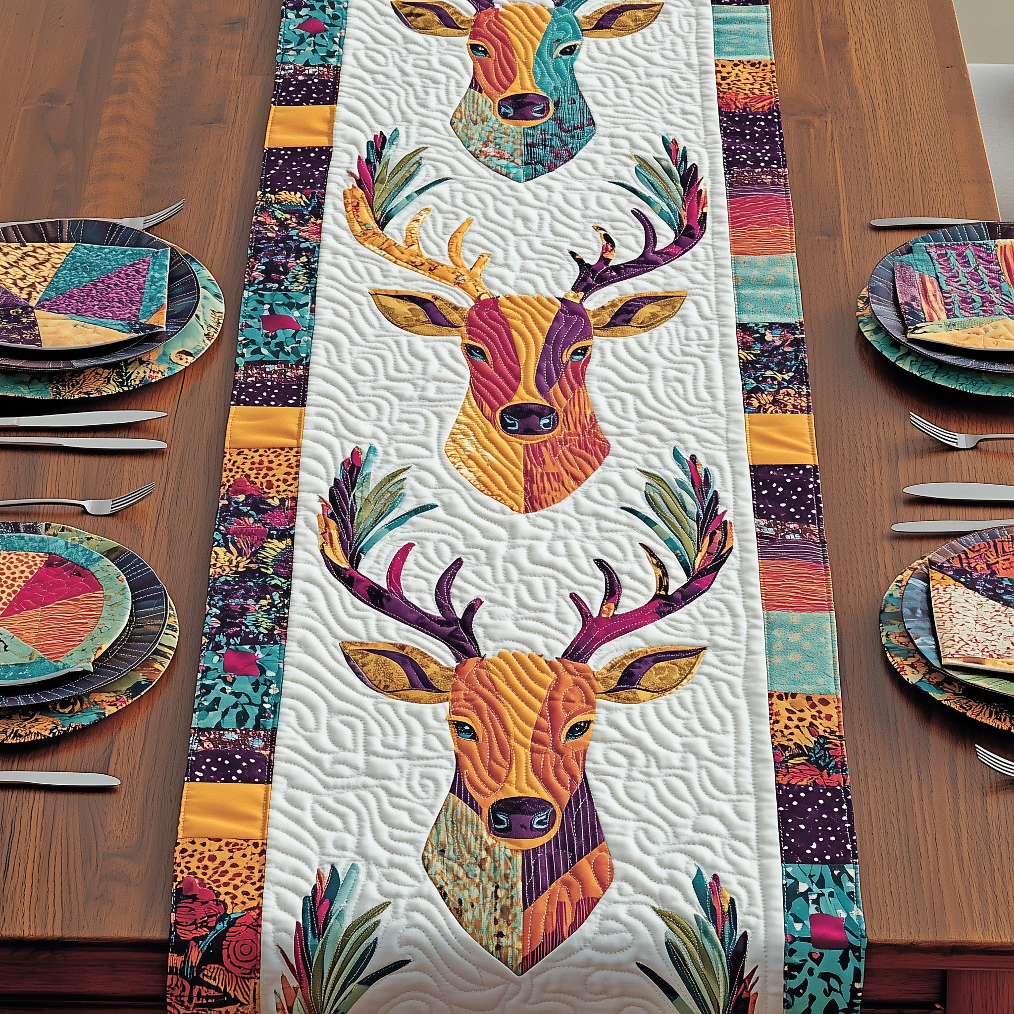 Vibrant Deer Patchwork Quilted Table Runner Cozy Winter Table Runner for Home